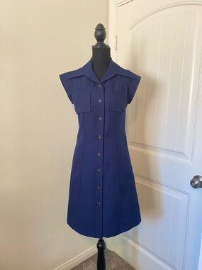 Vintage Navy Button-Front Midi Dress
